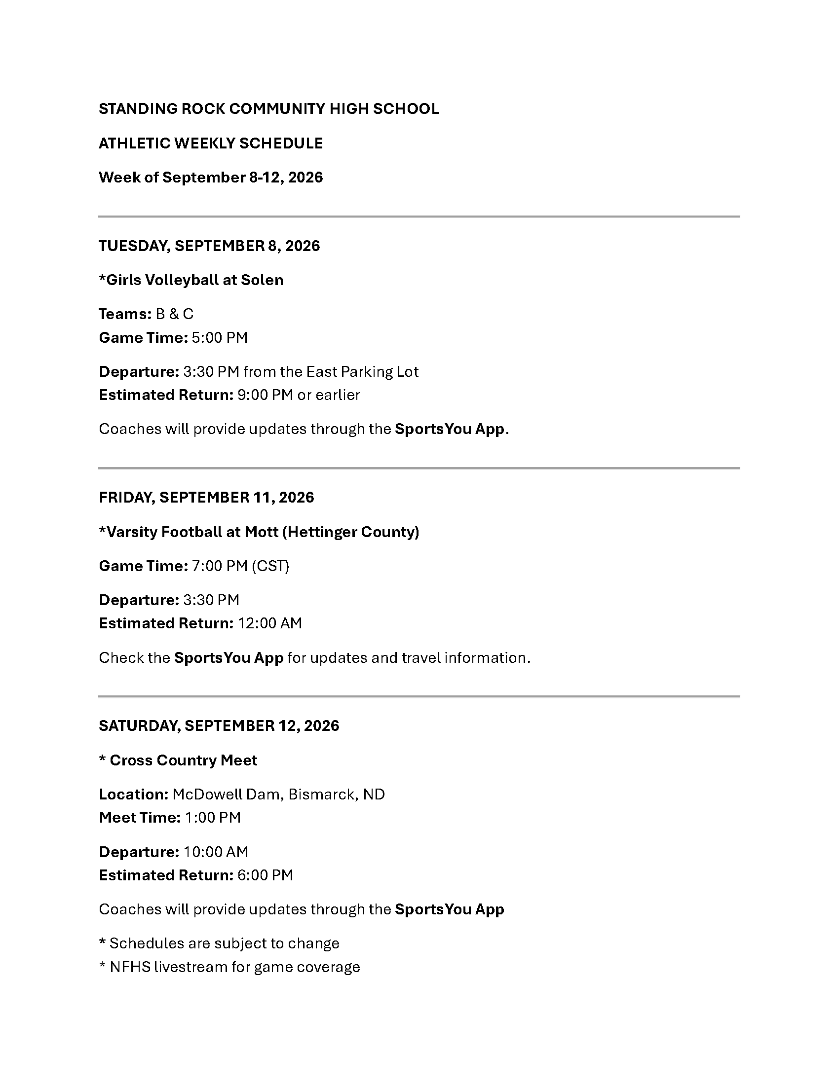 Athletics Weekly Schedule Flyer